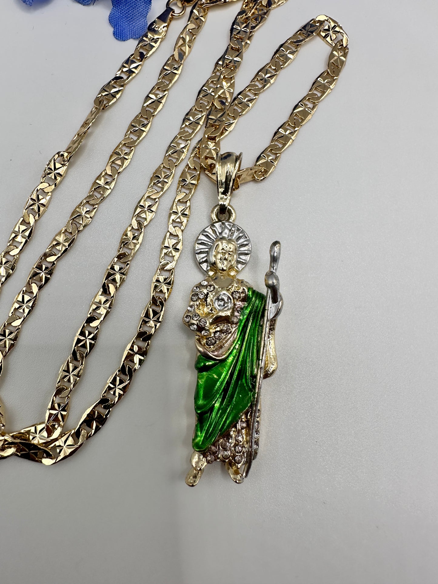 "Win" St Jude Necklace Green w/Diamonds Gold Plated (San Judas)