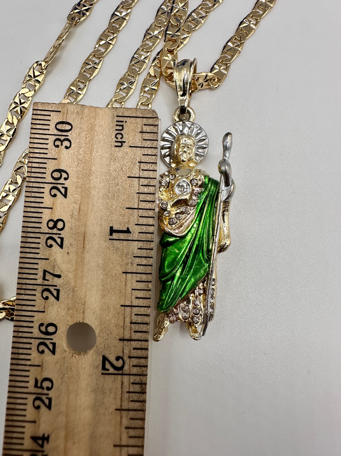 "Win" St Jude Necklace Green w/Diamonds Gold Plated (San Judas)