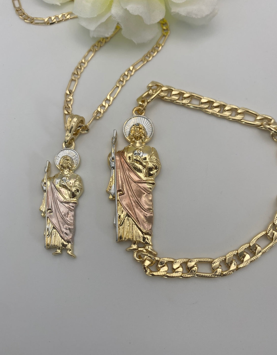 San judas Tricolor Necklace and Bracelet Set Gold Plated