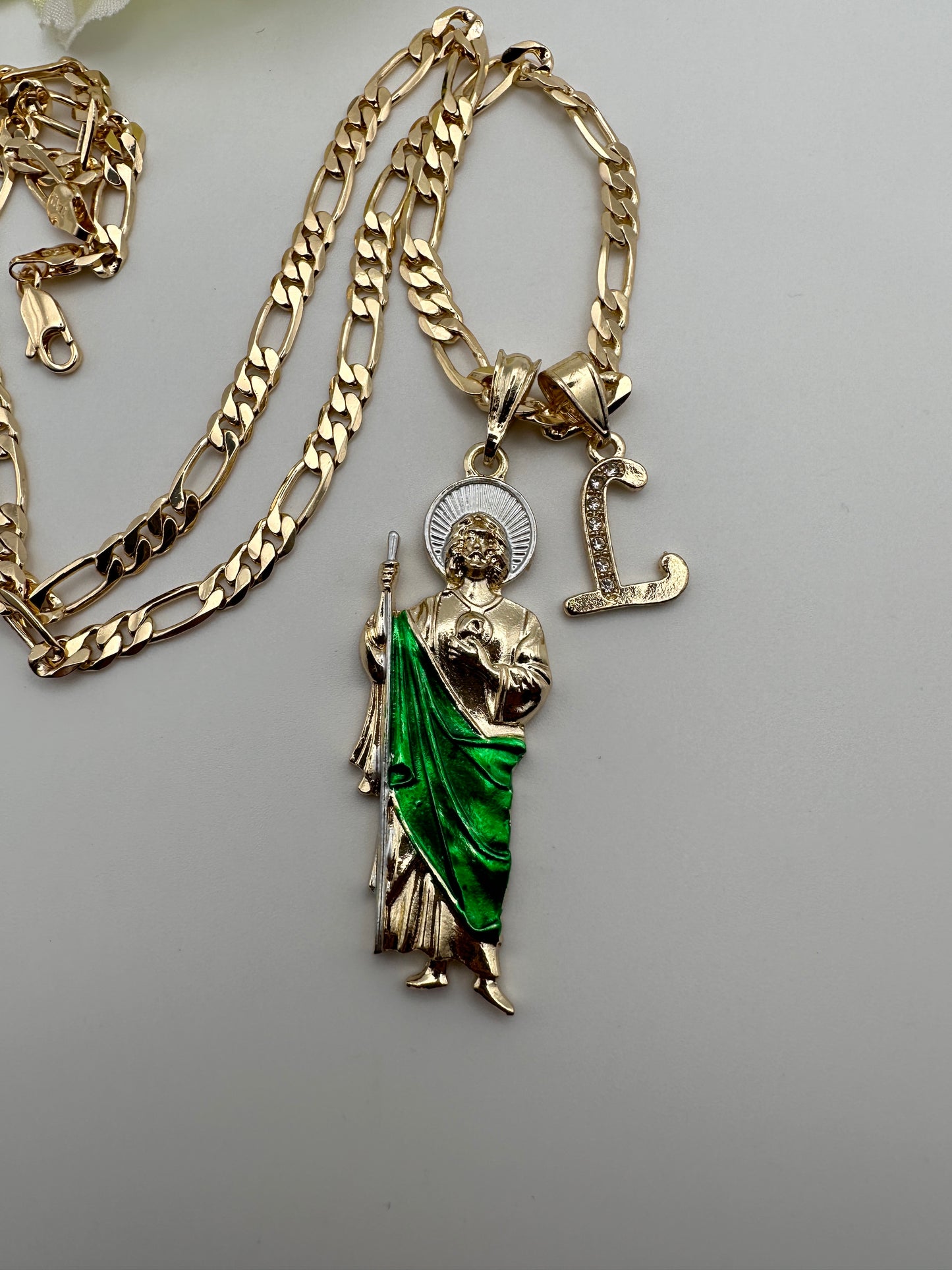 "Remember Me" St Jude With Letter Pedant Necklace Green Cape (San Judas)