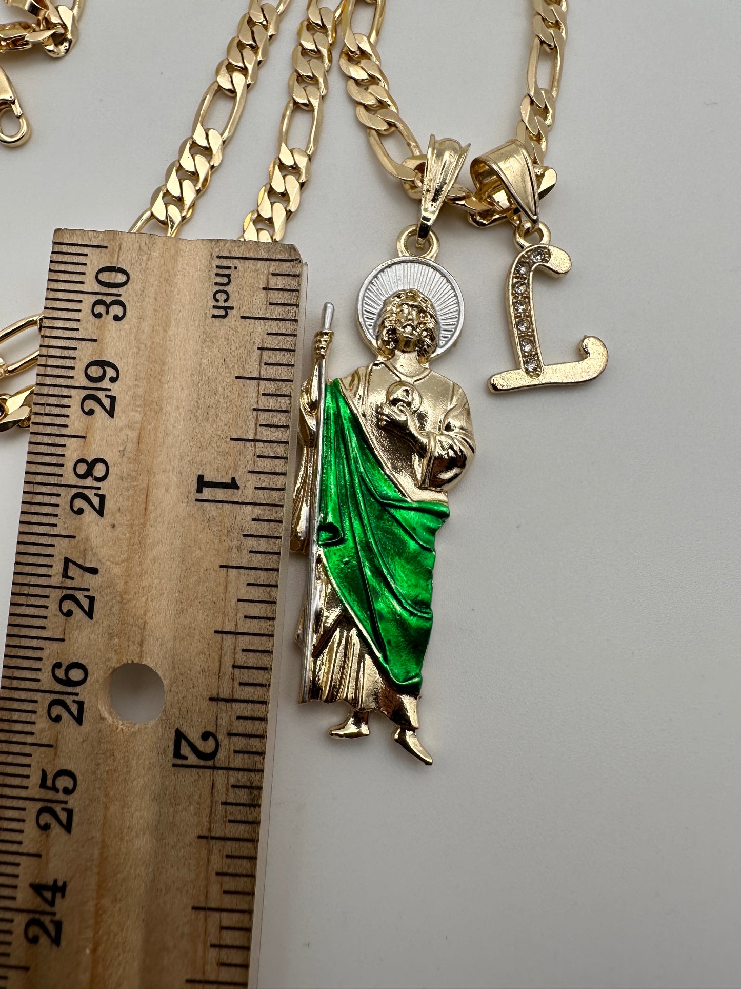 "Remember Me" St Jude With Letter Pedant Necklace Green Cape (San Judas)