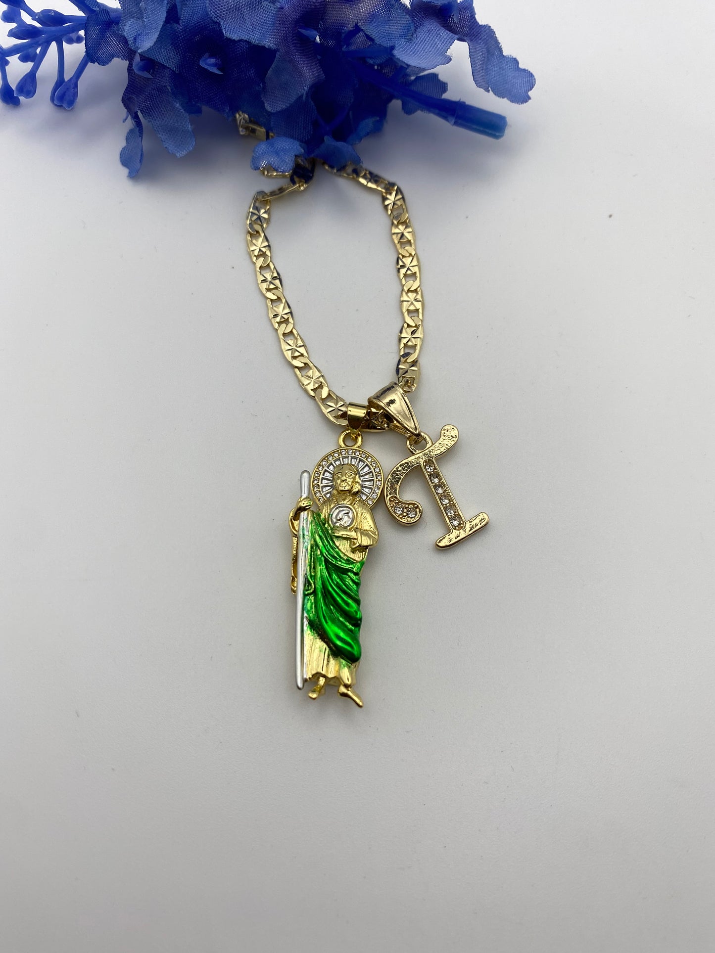San Judas (Green Cape) with Diamond crown and Initial.