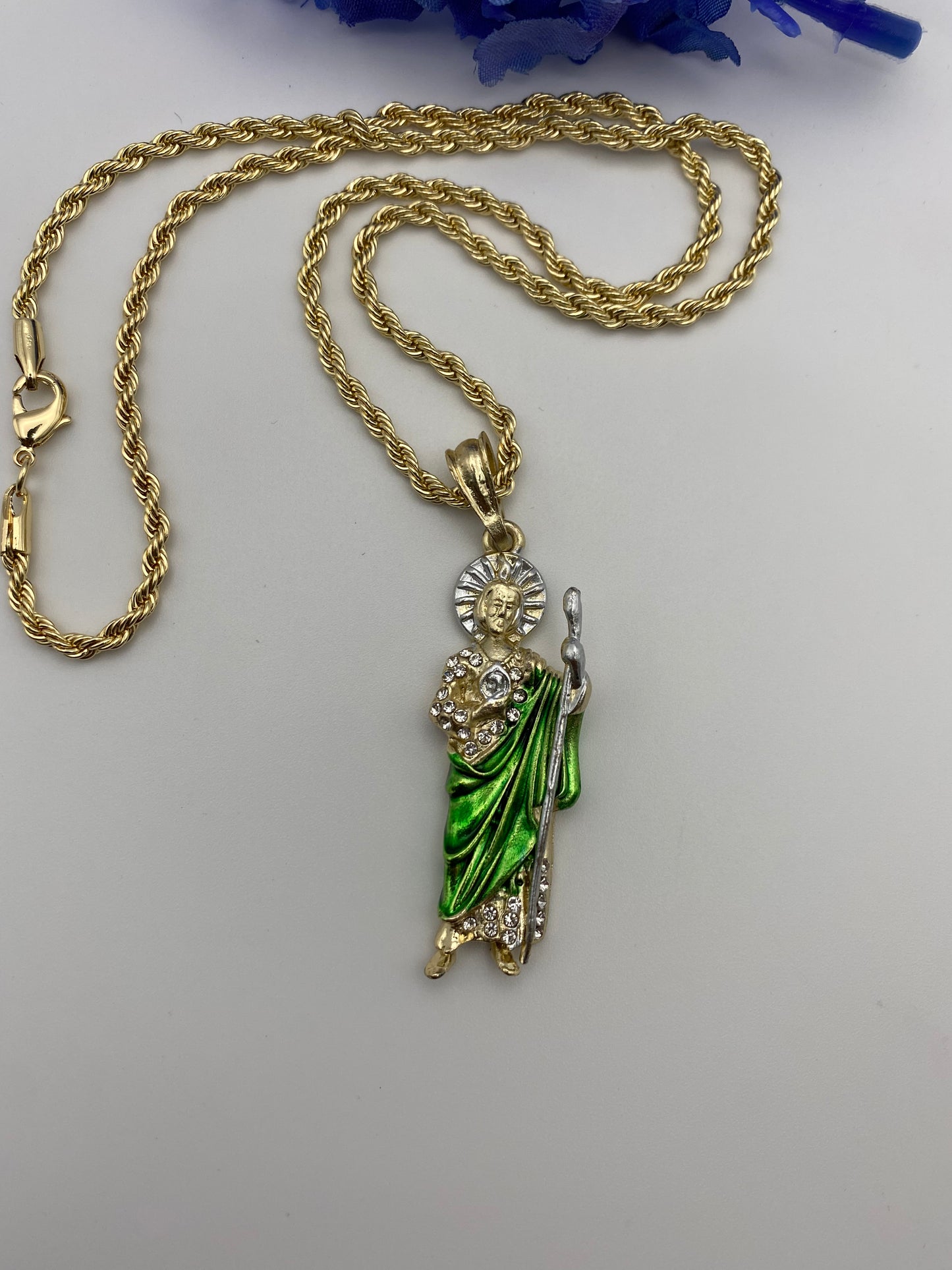 "Win" St Jude Necklace Green w/Diamonds Gold Plated (San Judas)
