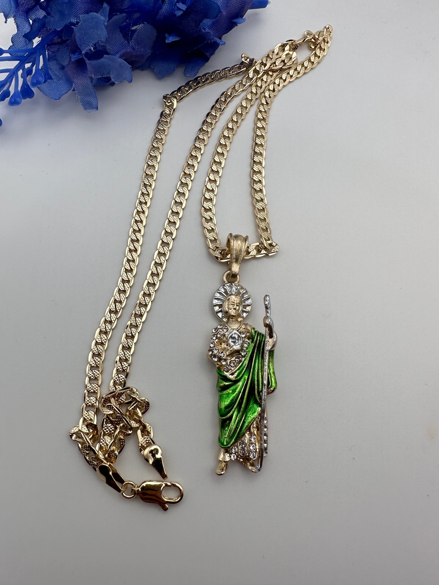 "Win" St Jude Necklace Green w/Diamonds Gold Plated (San Judas)