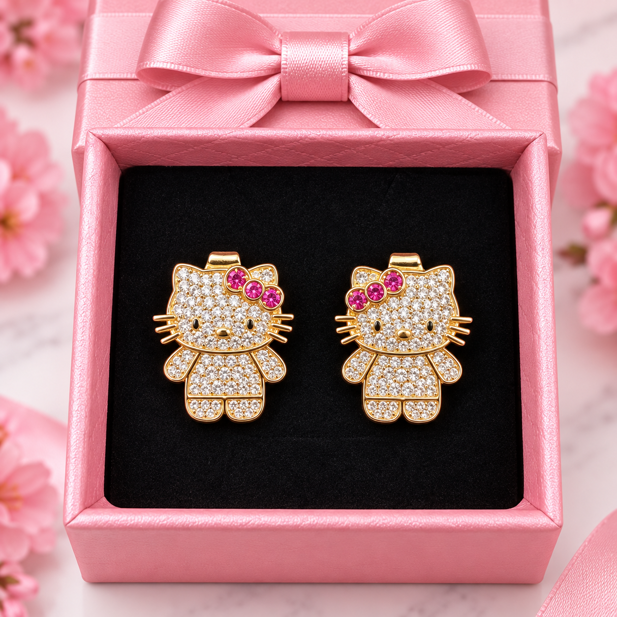 Cute Pink Bow Bling Kitty Earrings