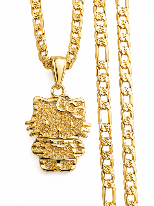 Kitty Gold Plated Cuban Link Necklace – Cute Pendant Necklace – Choose Your Chain Length