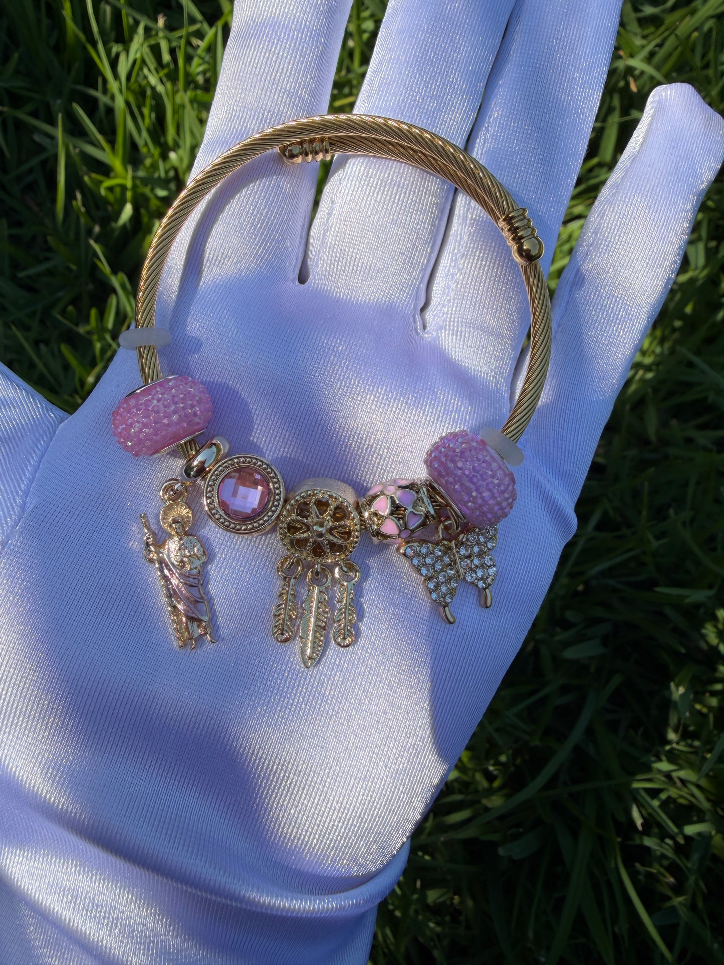 Protection Bracelet with St Jude or Virgin Mary Charm Bracelet - Gold Tone with Colorful Beads and Charms