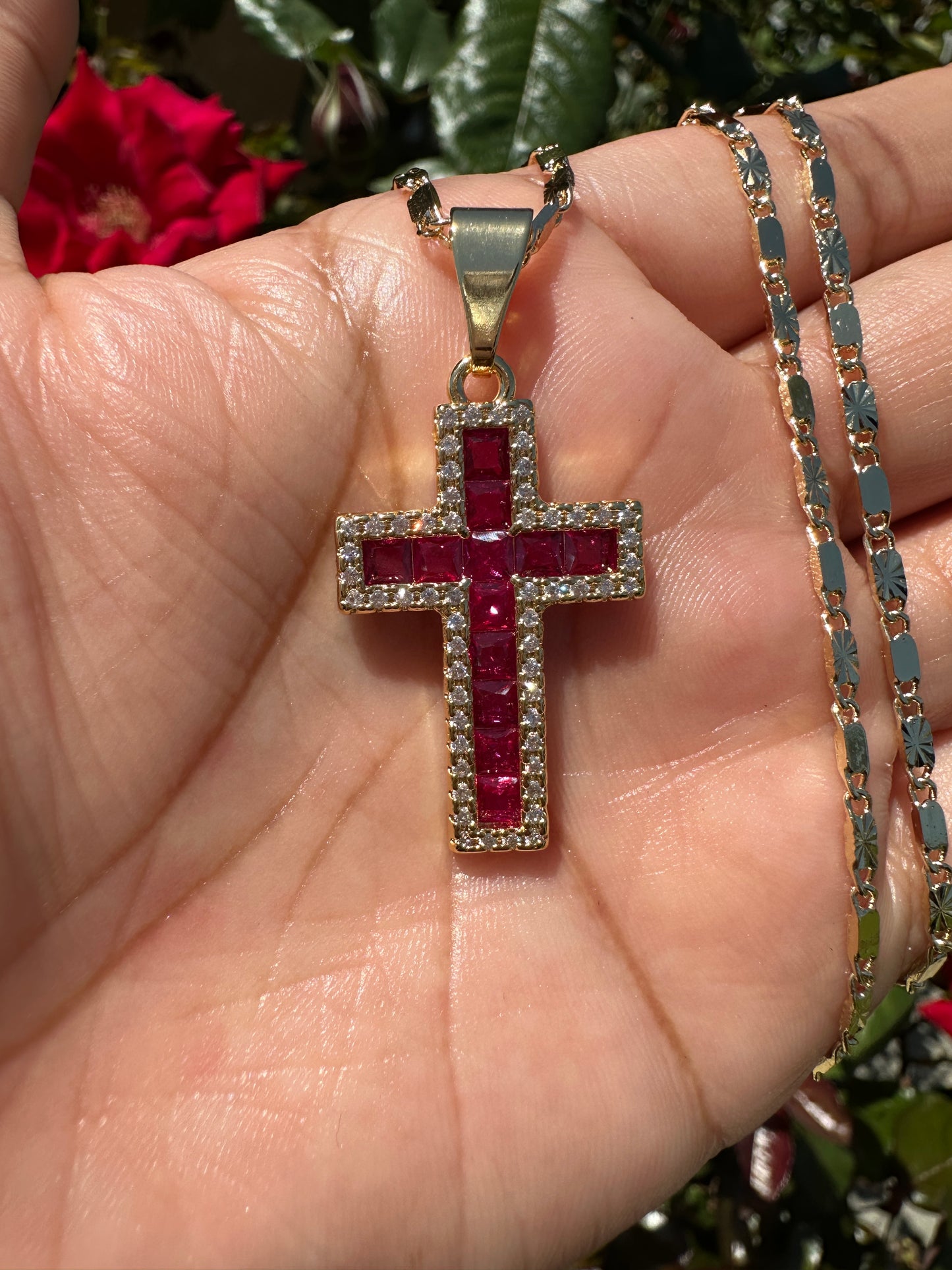 “Crystal Pink” Cross Necklace Gold Plated