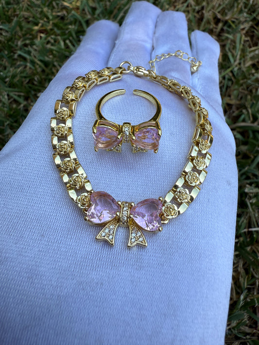 Bow Bracelet & Ring Combo Set- 6-8” bracelet with Gemstone Accents - Simple & Versatile Design