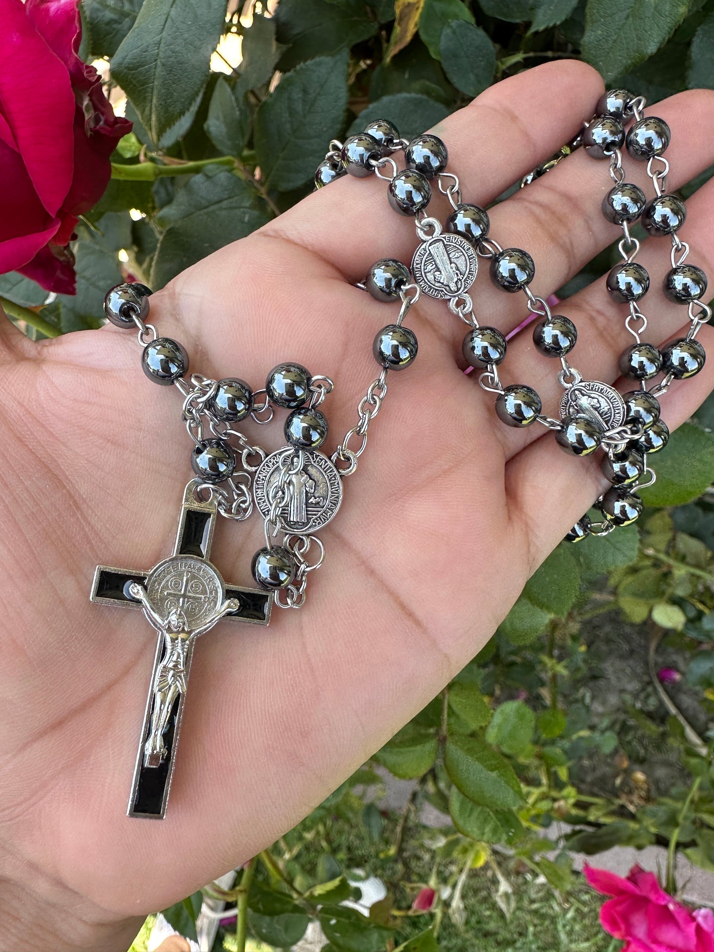 Bead St Benedict Black Hematite Natural Stone Rosary- San Benito Rosario