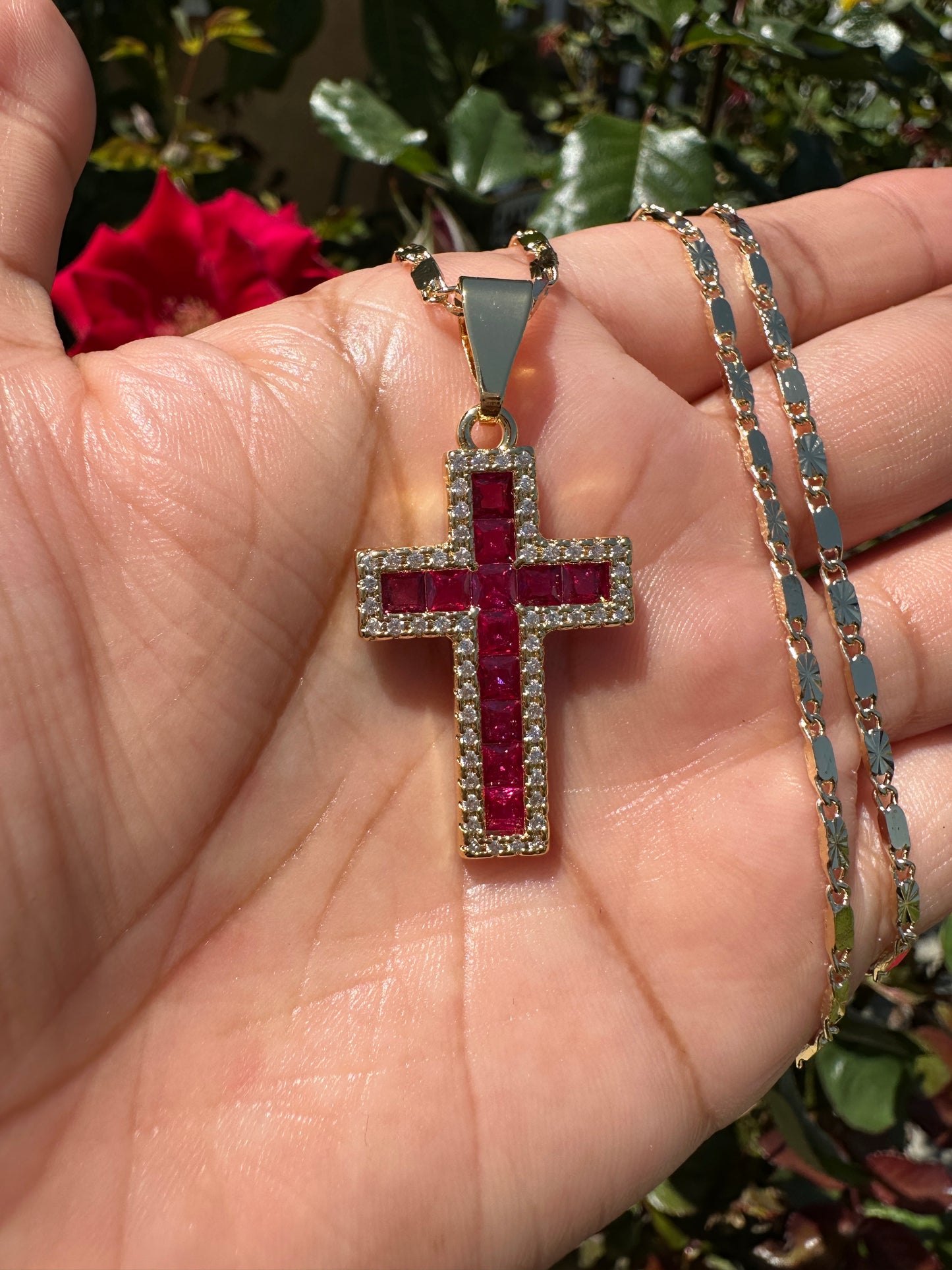 “Crystal Pink” Cross Necklace Gold Plated