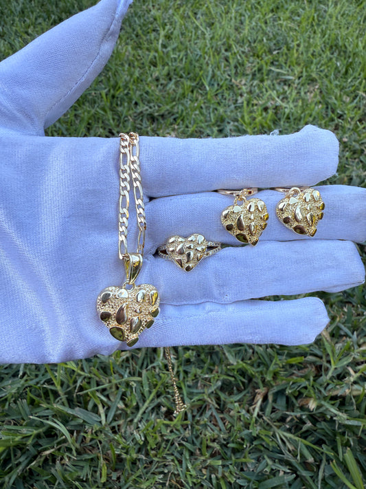 Heart nugget necklace set -ring-earring and necklace