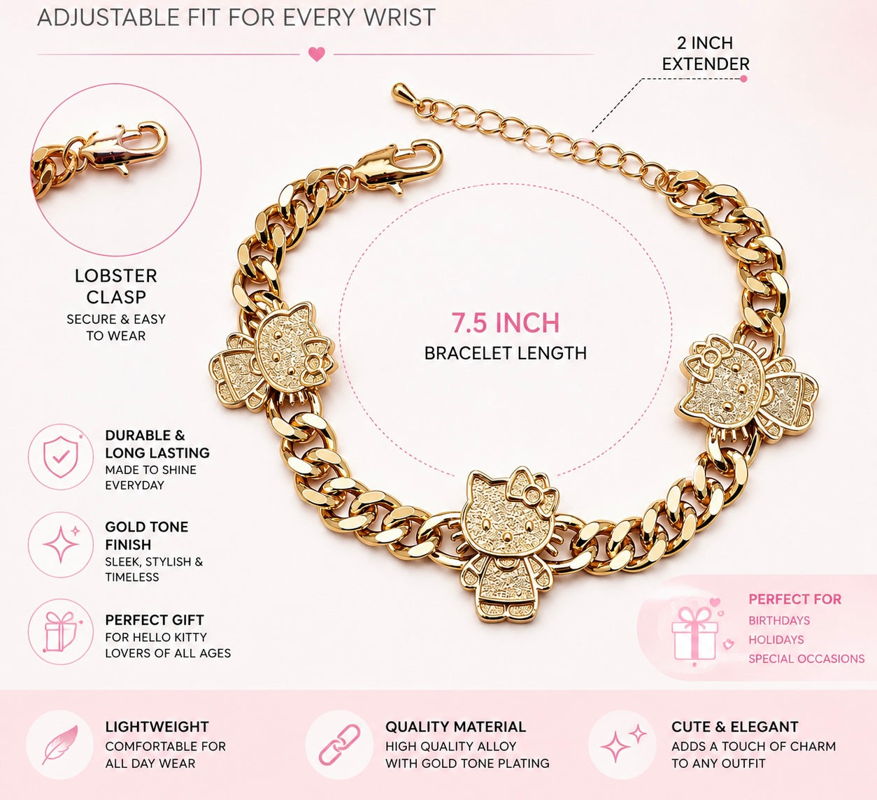 Kitty Bracelet 7.5” with extender Gold Plated