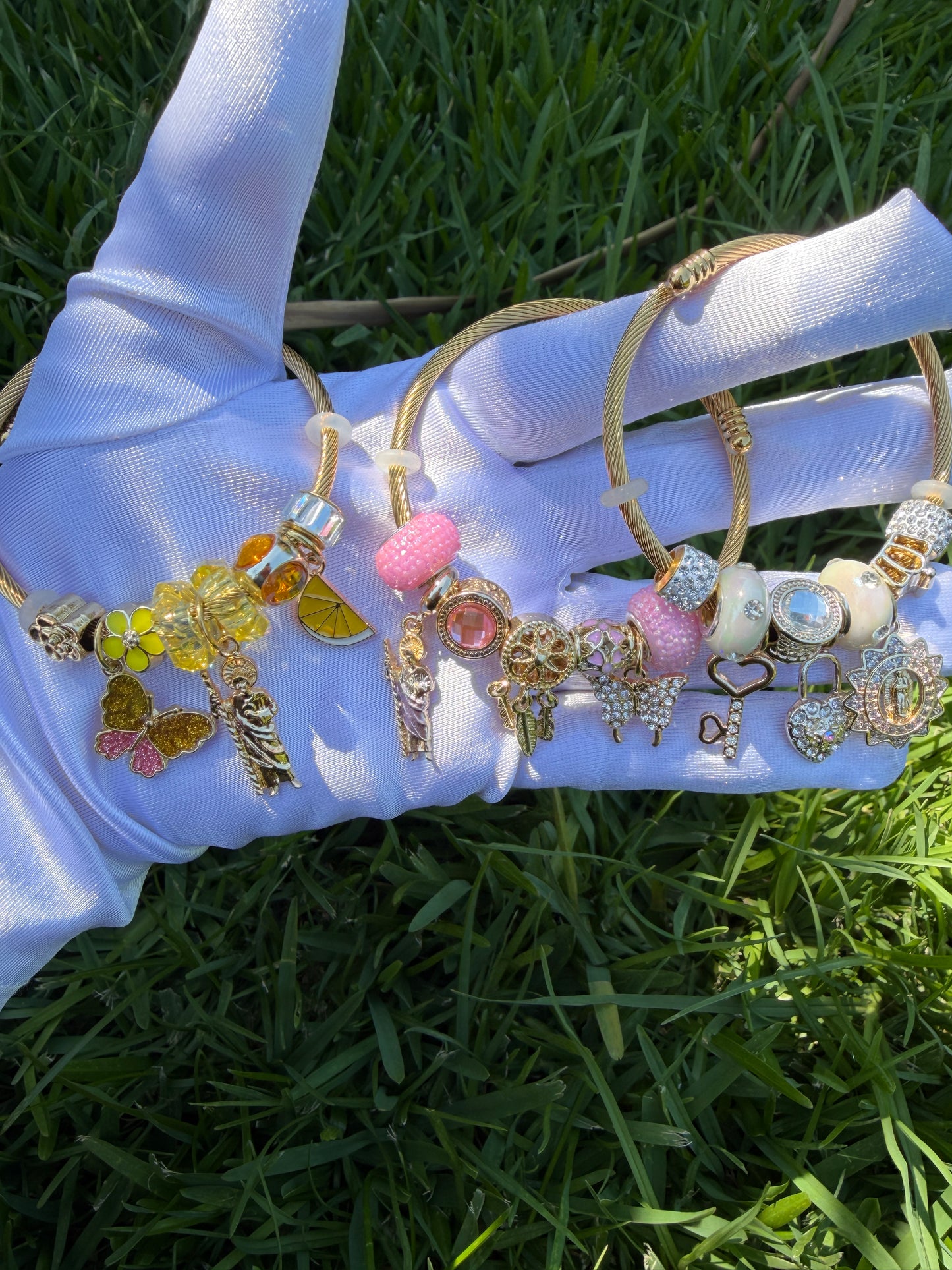 Protection Bracelet with St Jude or Virgin Mary Charm Bracelet - Gold Tone with Colorful Beads and Charms