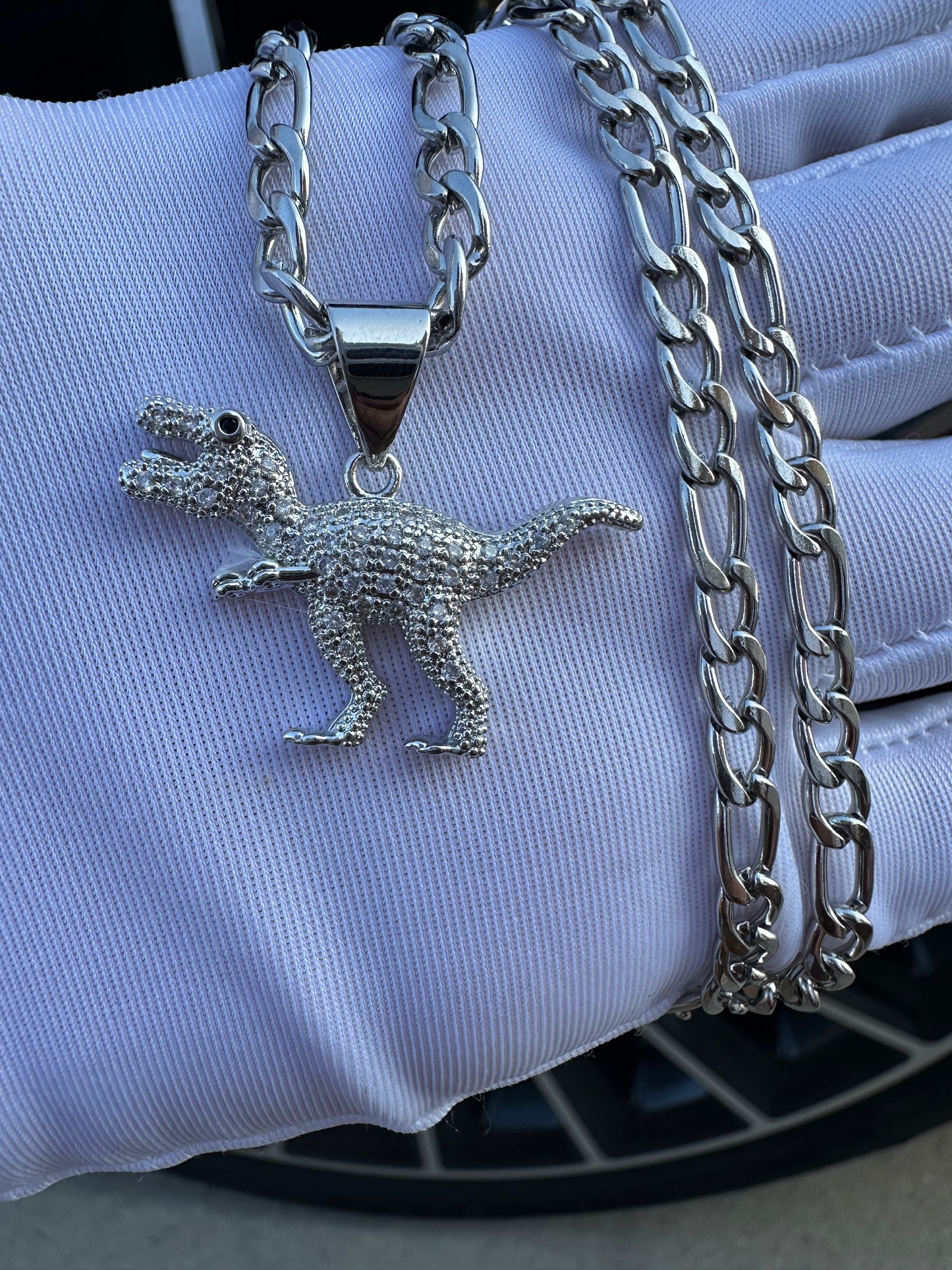 Dinosaur Necklace 24” Tarnish Free Silver plated