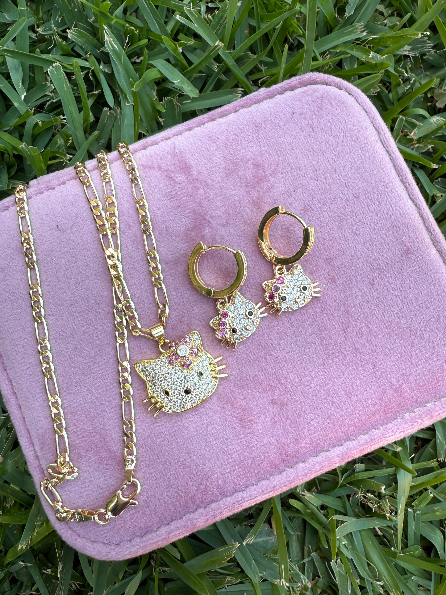 Pink Flower Cat Necklace and Earring Set