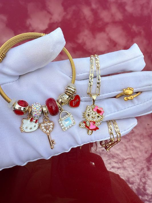 Red Kitty Set - Cat Set Necklace, Ring, Bracelet