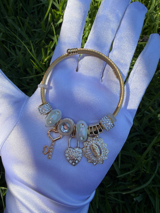 Protection Bracelet with St Jude or Virgin Mary Charm Bracelet - Gold Tone with Colorful Beads and Charms