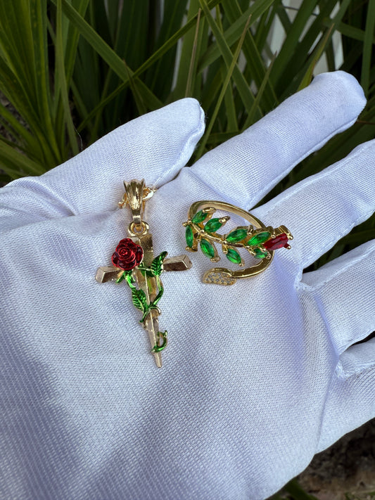 Rose Leaves Ring Adjustable & Necklace Set