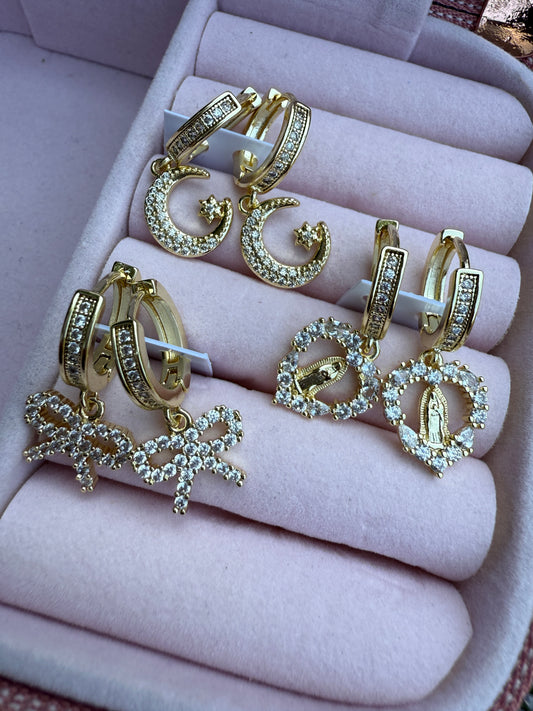 Hoop Earrings Moon,Bow,Virgin Heart Design Gold-Tone Jewelry with Moon Bow and Virgin Heart Charms