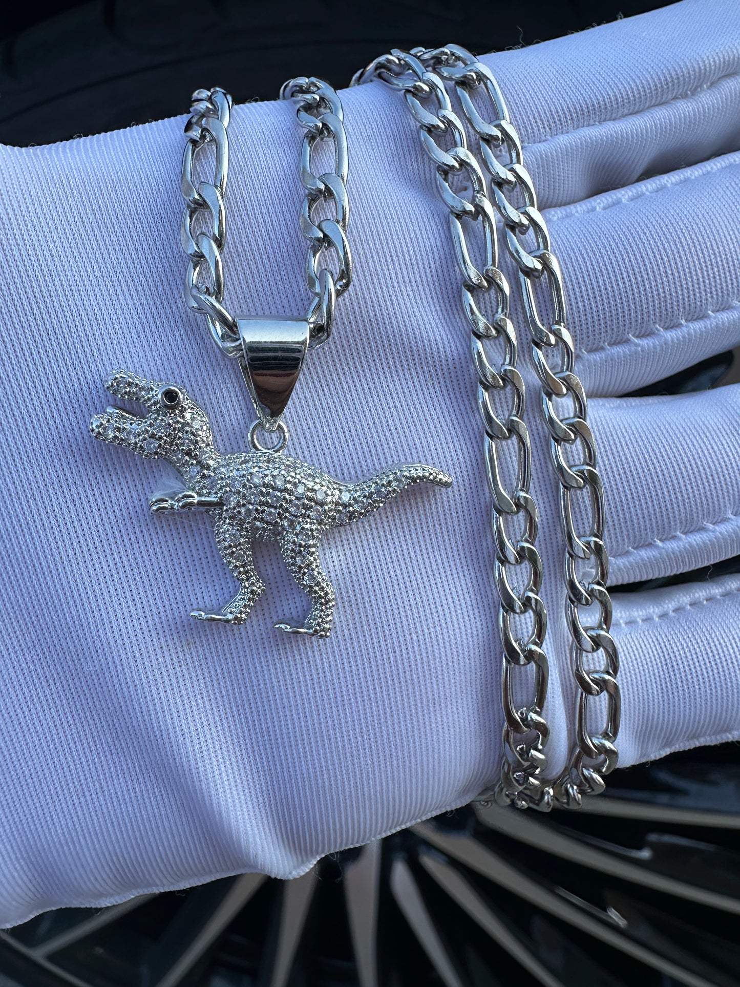 Dinosaur Necklace 24” Tarnish Free Silver plated