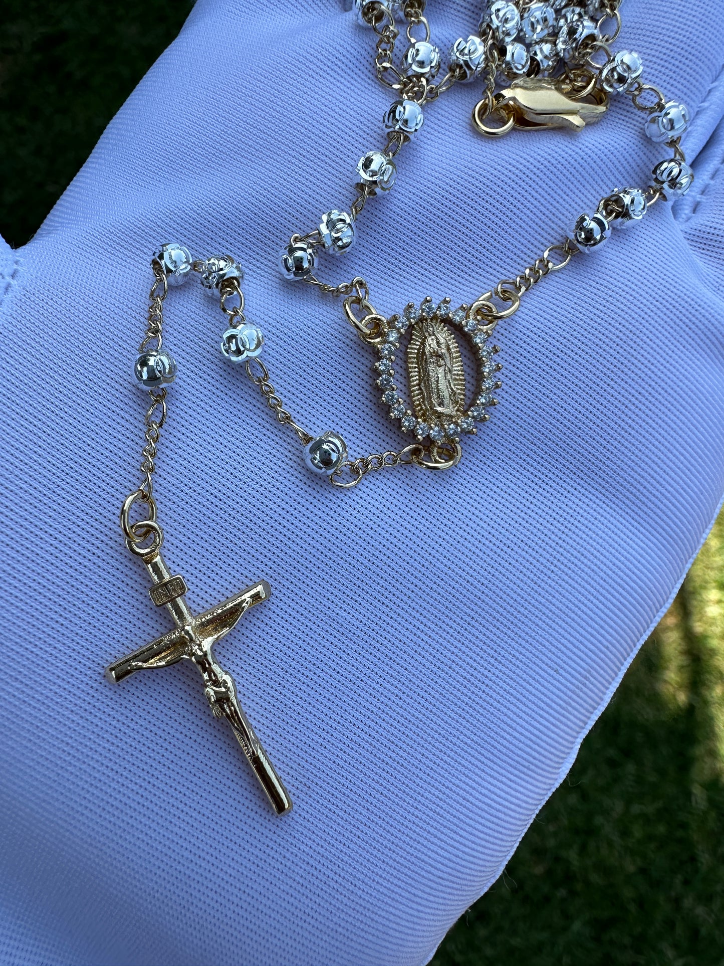 White Gold Dipped Rosary Necklace with Virgin and Cross .