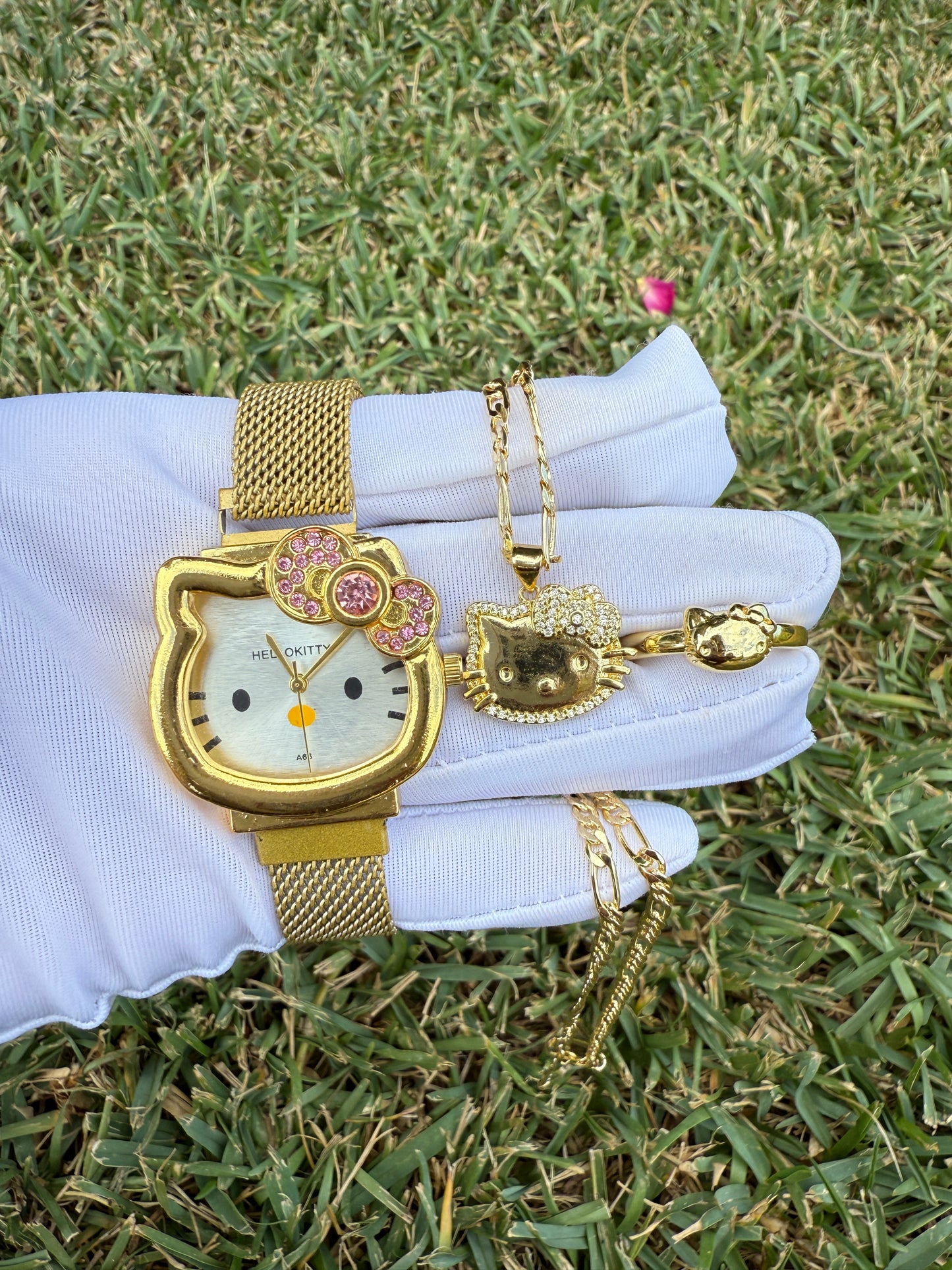 Gold Plated Kitty Set with Watch, Necklace and Ring