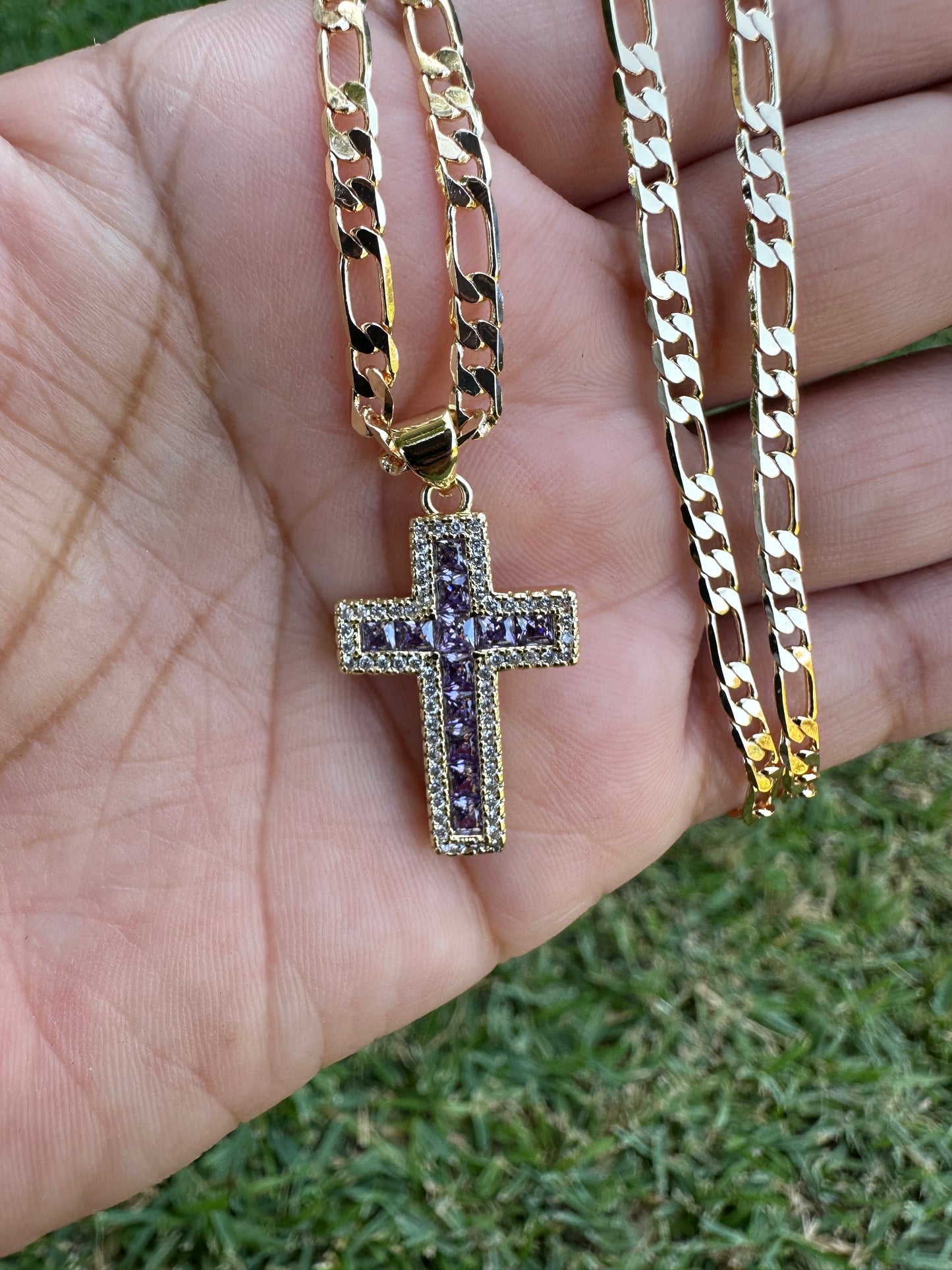 Crystal Purple -Cross Diamond Necklace Gold Plated