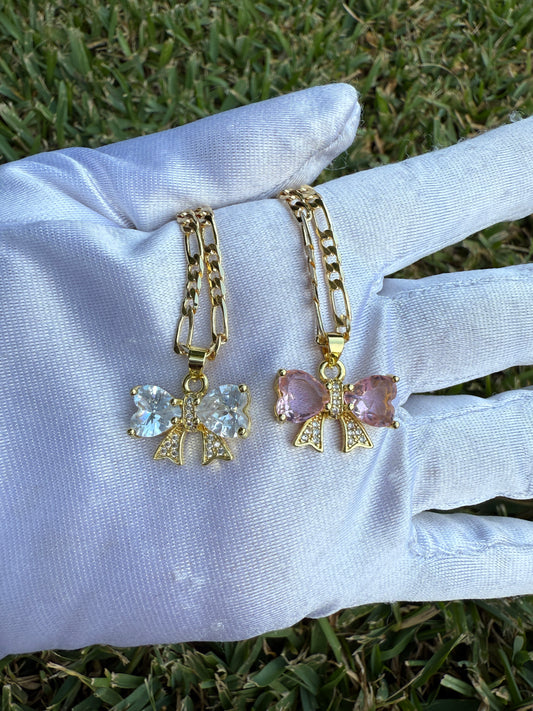 Bow Necklace with Chain - Gold-Tone Design Featuring Bow Charms and Chain Details