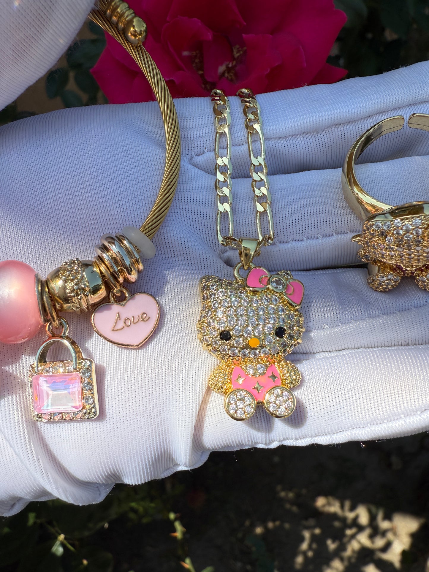 Pink Cat Necklace,Bracelet, Ring Set -Kitty Pedant with Chain Set