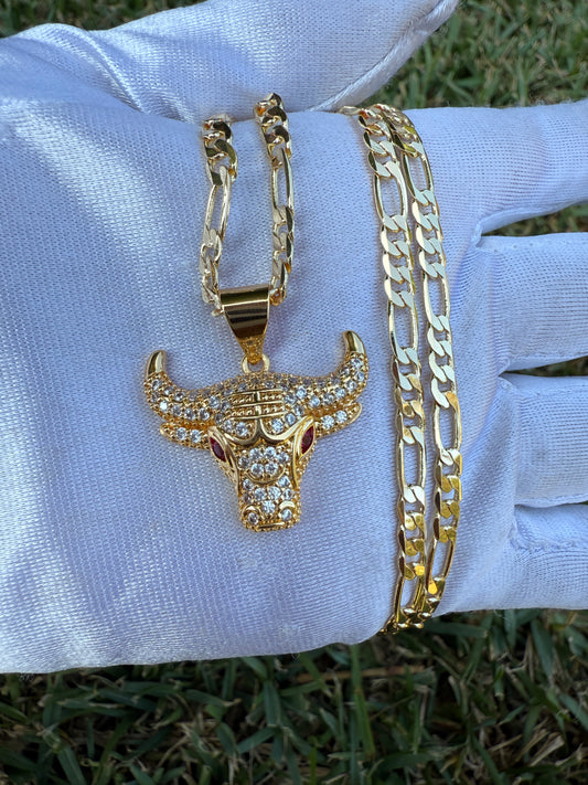 Red eye Bull Head Necklace with Figaro Chain