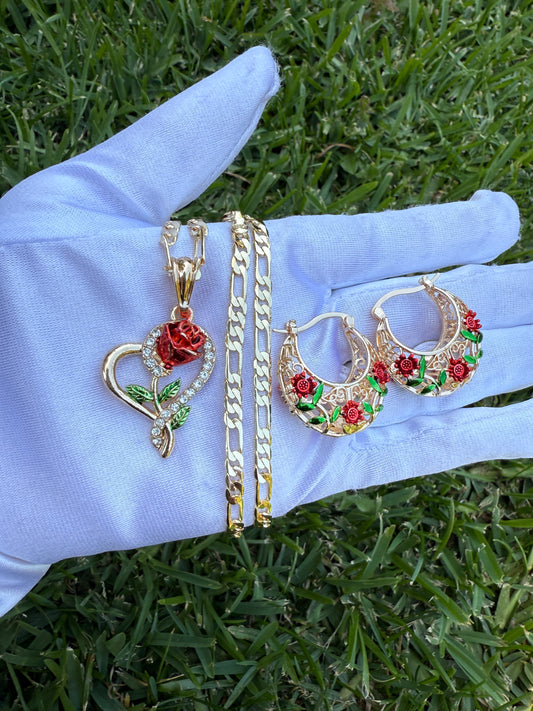 Rose Necklace and Earrings Set - Gift Idea for Mothers Day, Birthday, or Any Occasion with Heart Design and Red Rose Accents