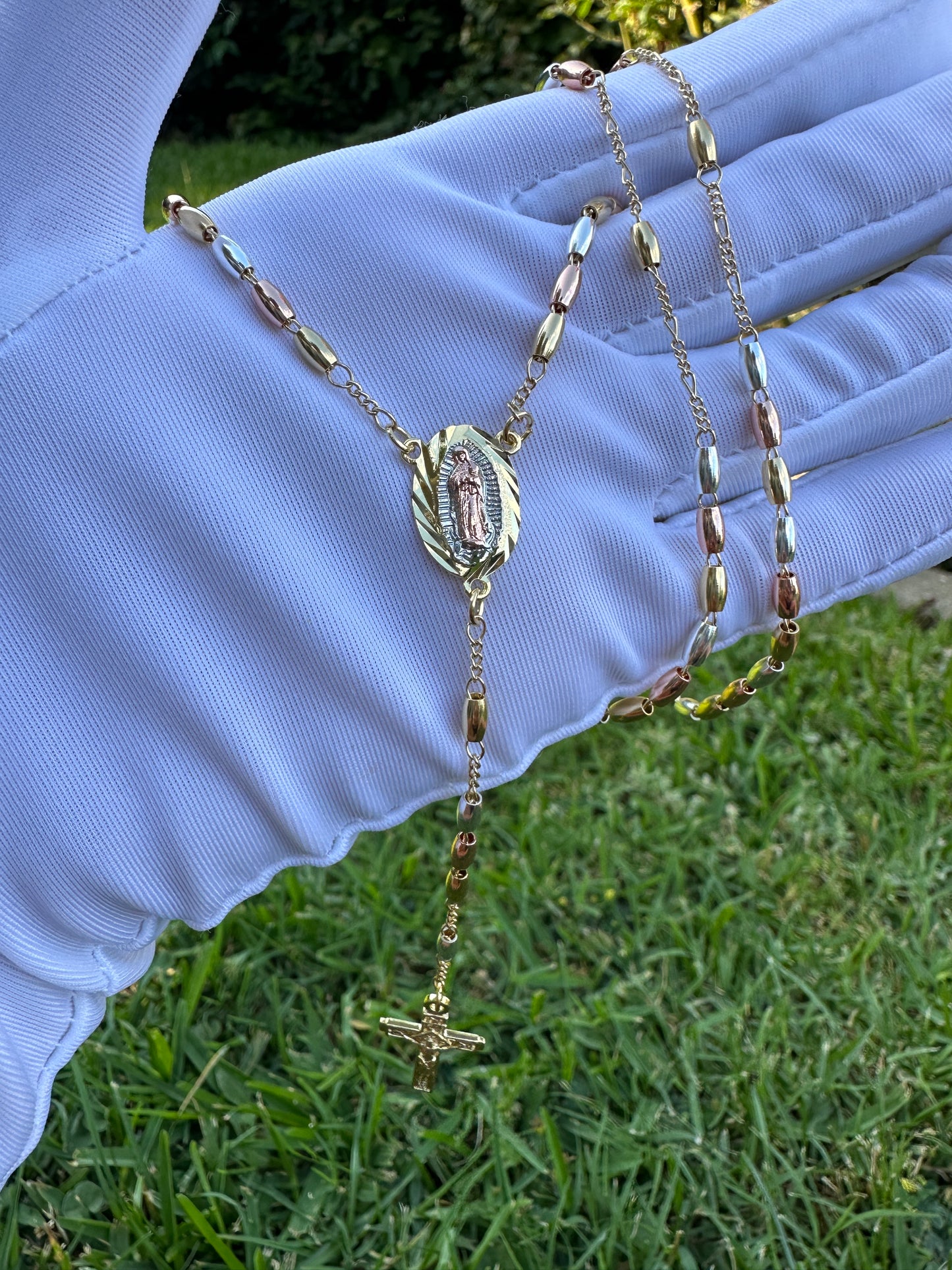 Rosary Necklace Tricolor Gold Plated with Cross and Virgin Pedant . Complete Rosary Necklace