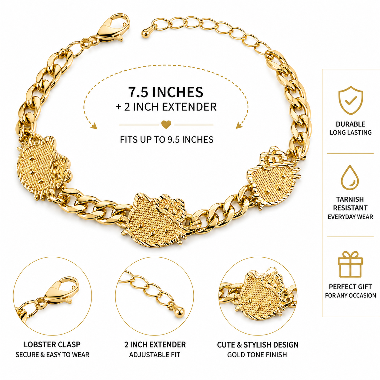 Kitty Head Bracelet - 7.5 inches with extender