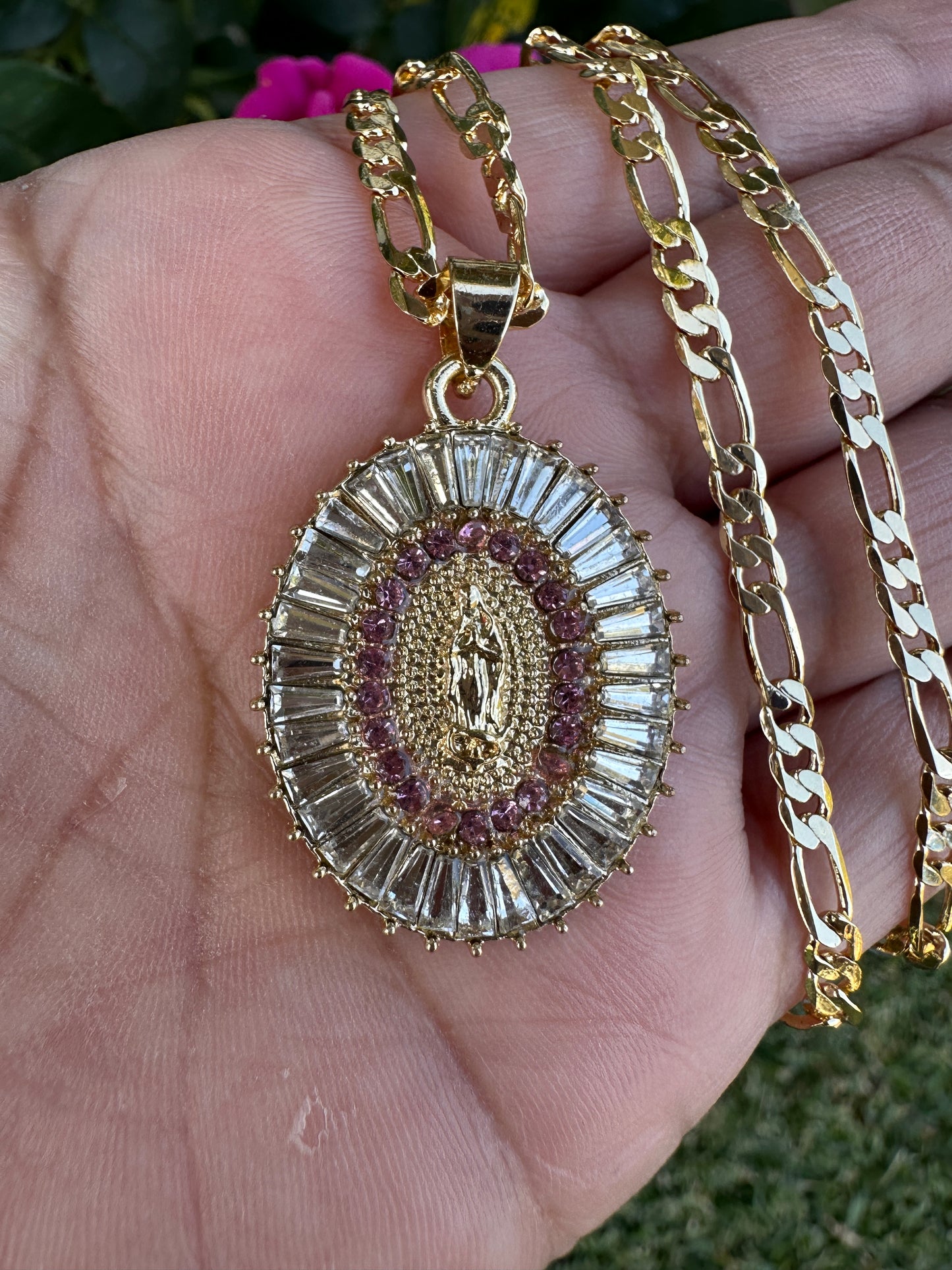 “Pink” Virgen Necklace (Virgin Mary) Gold Plated