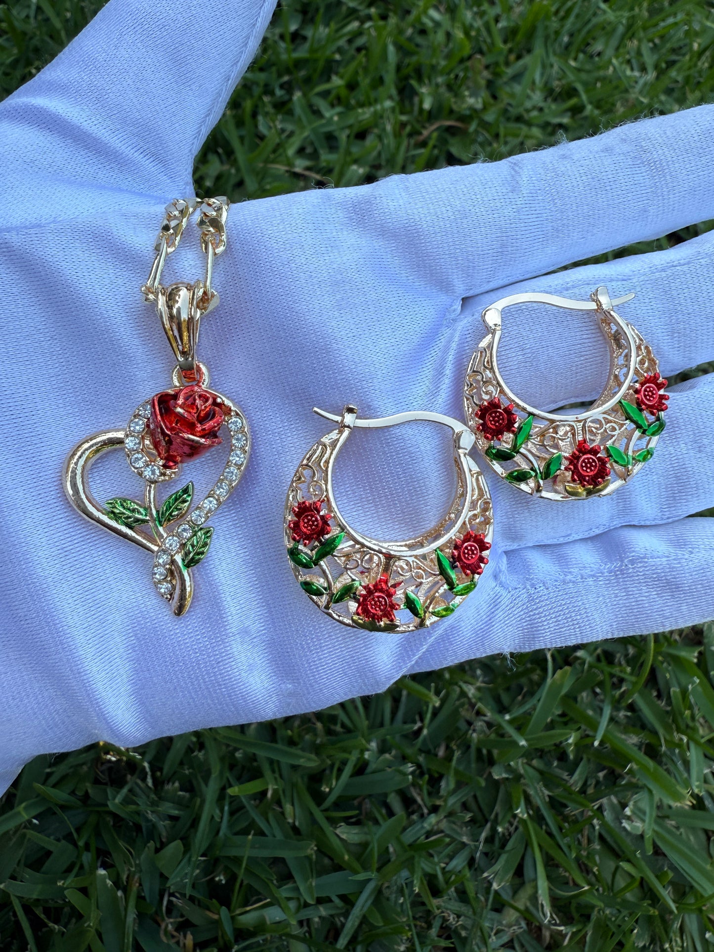 Rose Necklace and Earrings Set - Gift Idea for Mothers Day, Birthday, or Any Occasion with Heart Design and Red Rose Accents