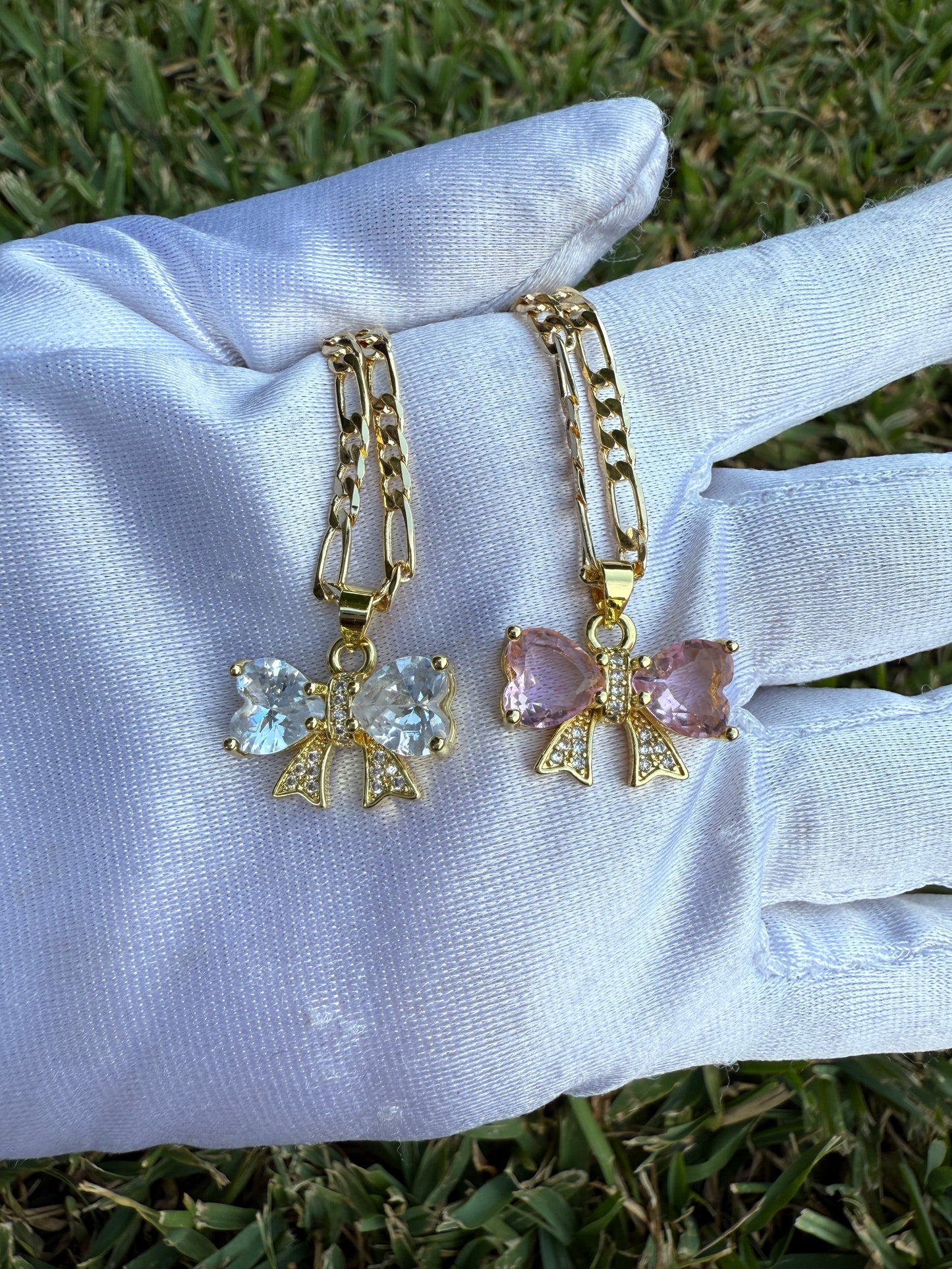 Bow Necklace with Chain - Gold-Tone Design Featuring Bow Charms and Chain Details