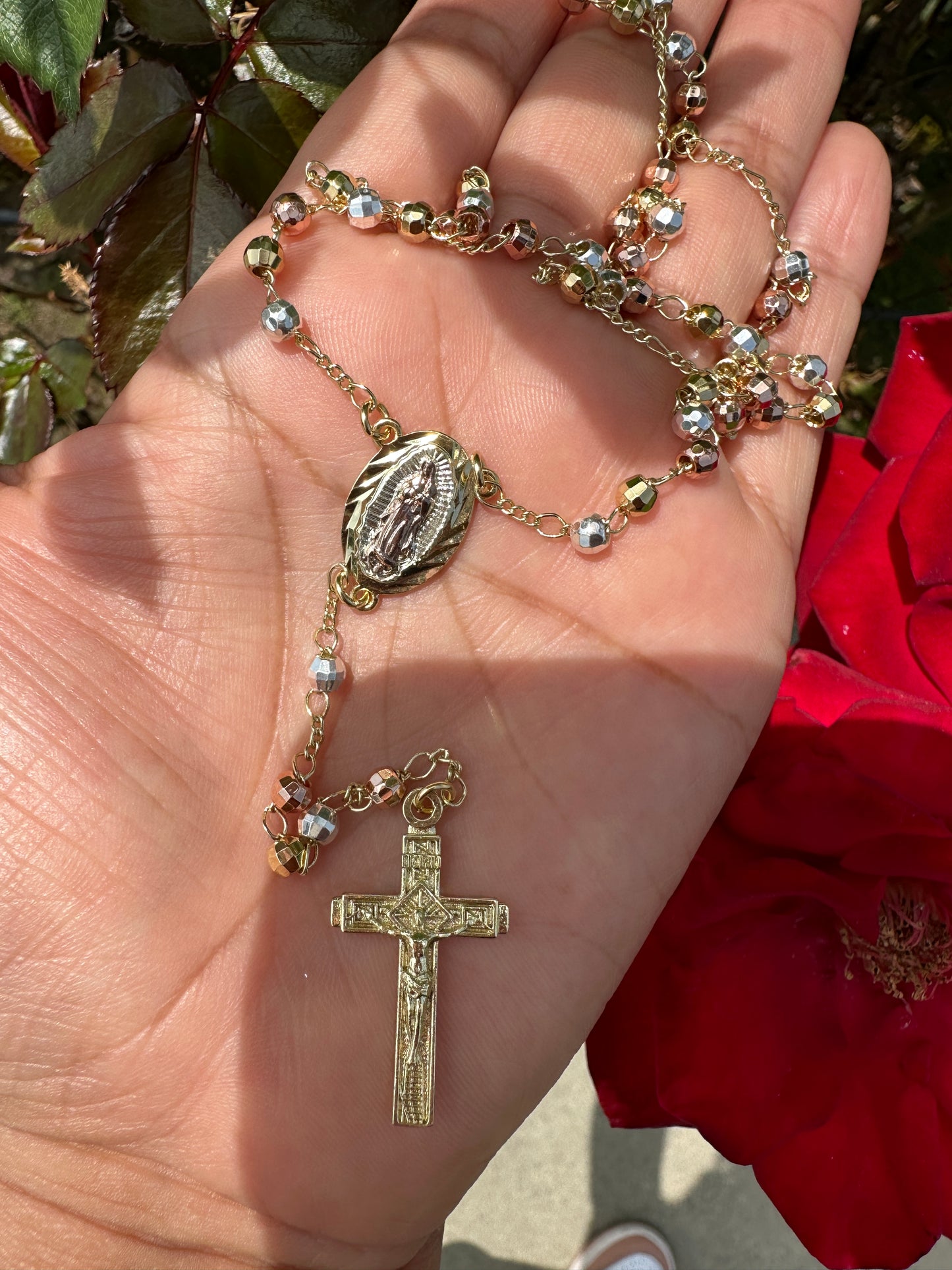 “Amor” Rosary Tricolor with Virgen Pedant  Gold Plated -Rosario