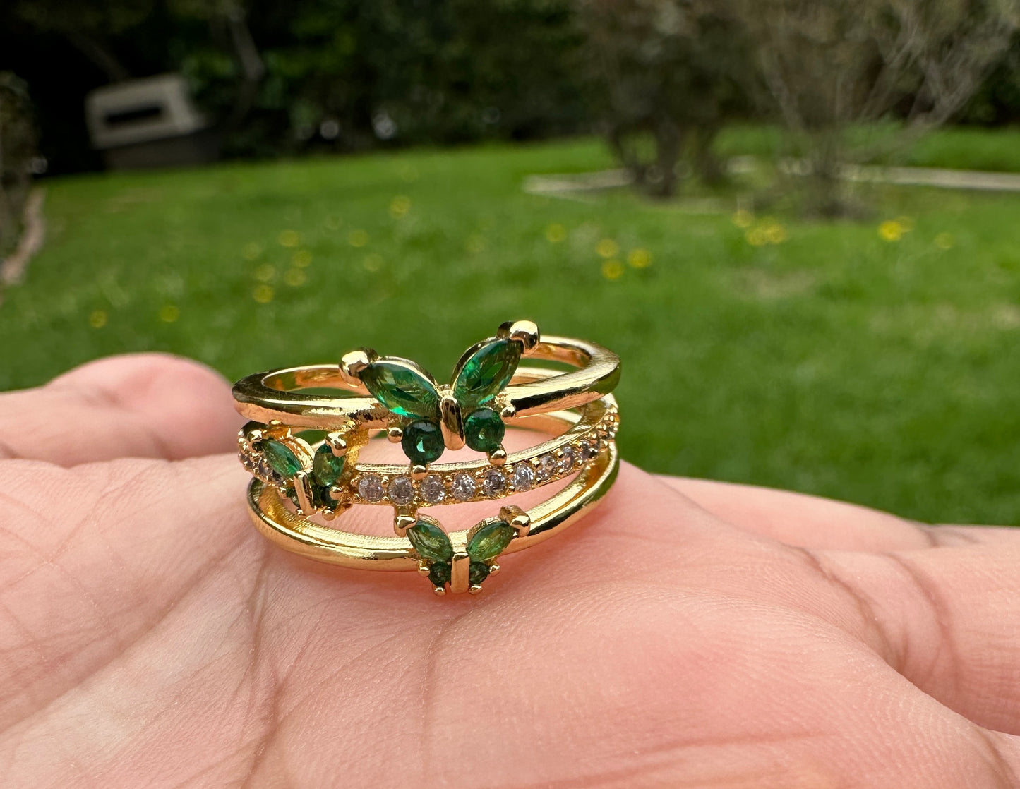 “Butterflies” Ring Gold Plated Green