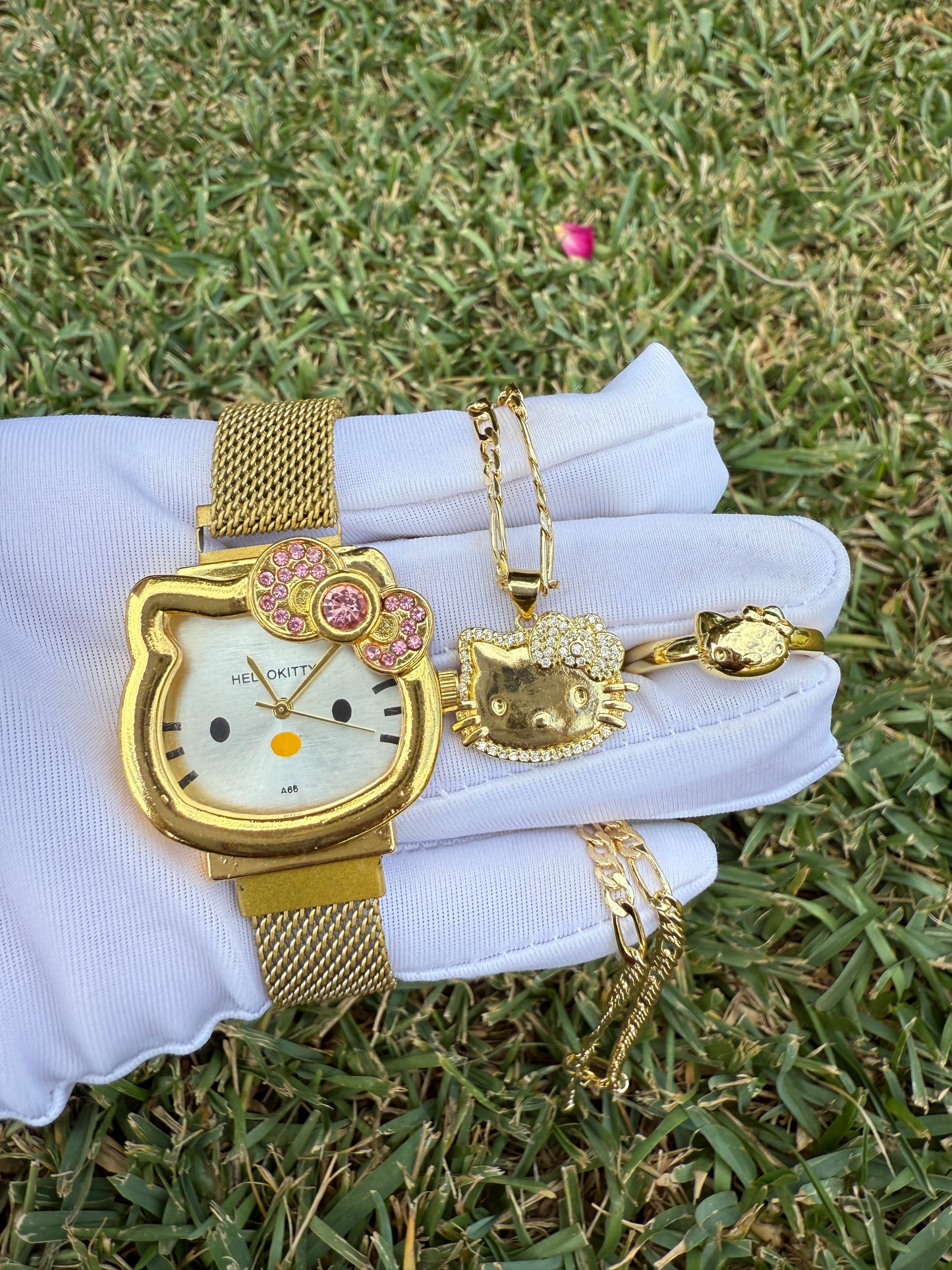 Gold Plated Kitty Set with Watch, Necklace and Ring