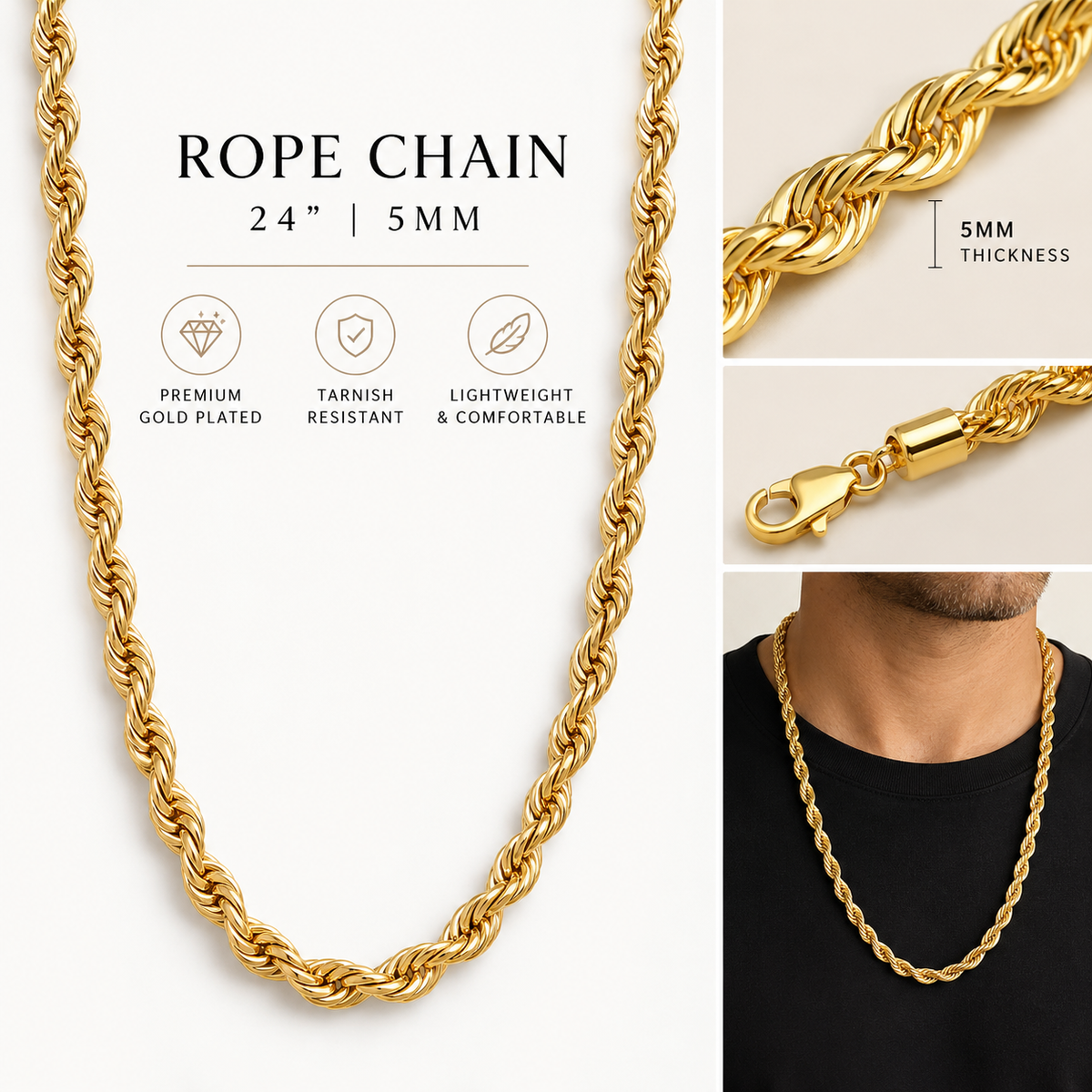 Rope chain gold plated 24”