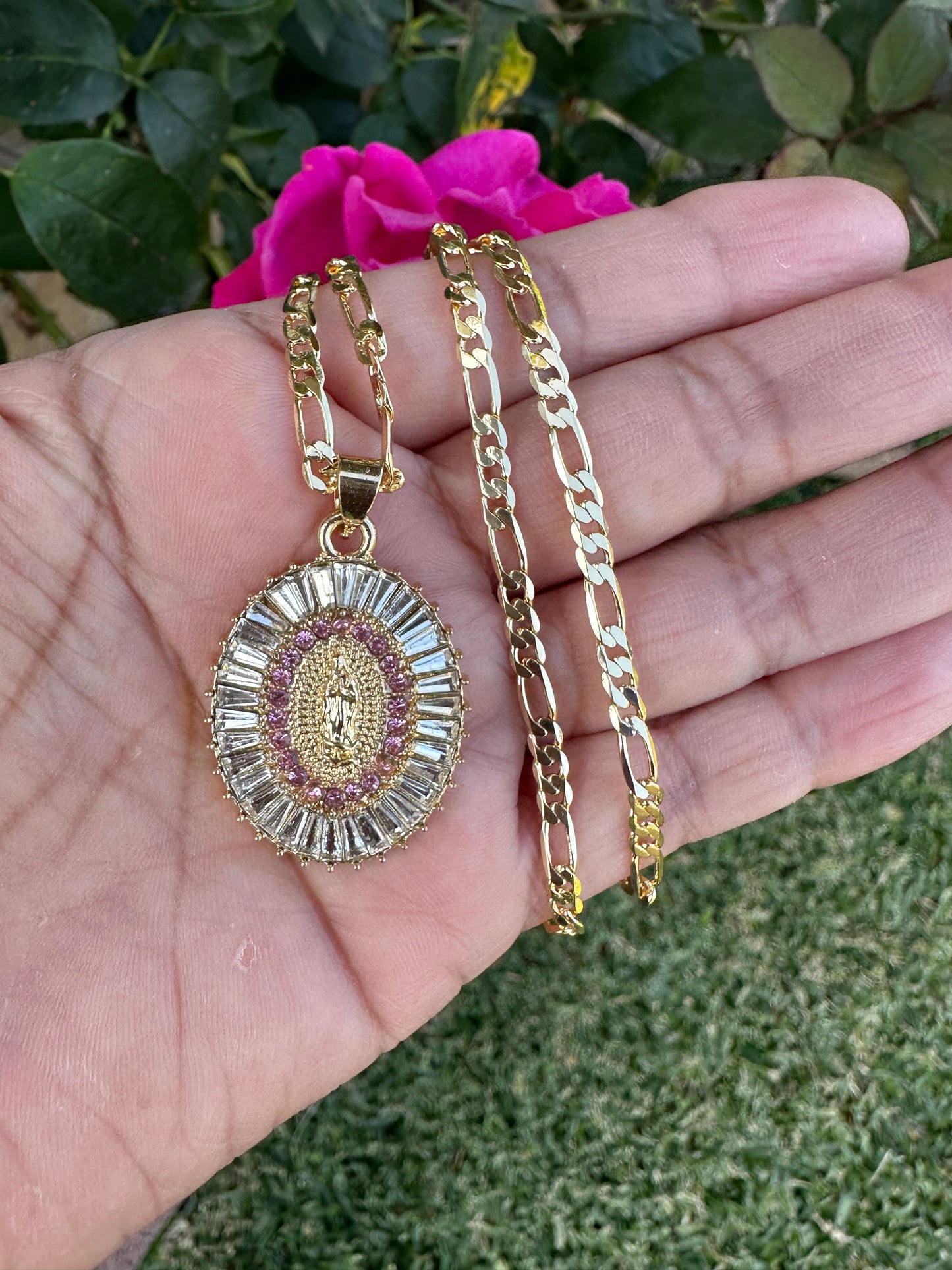 “Pink” Virgen Necklace (Virgin Mary) Gold Plated