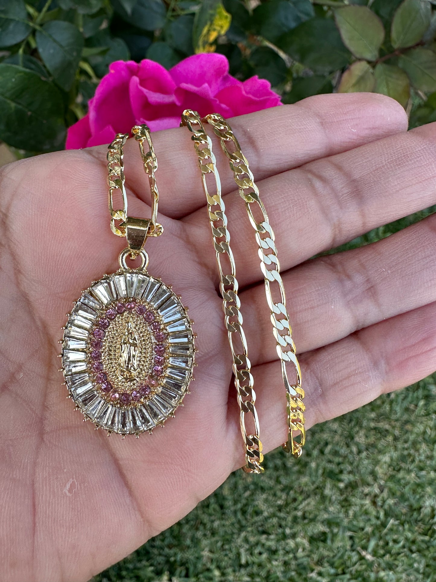 “Pink” Virgen Necklace (Virgin Mary) Gold Plated