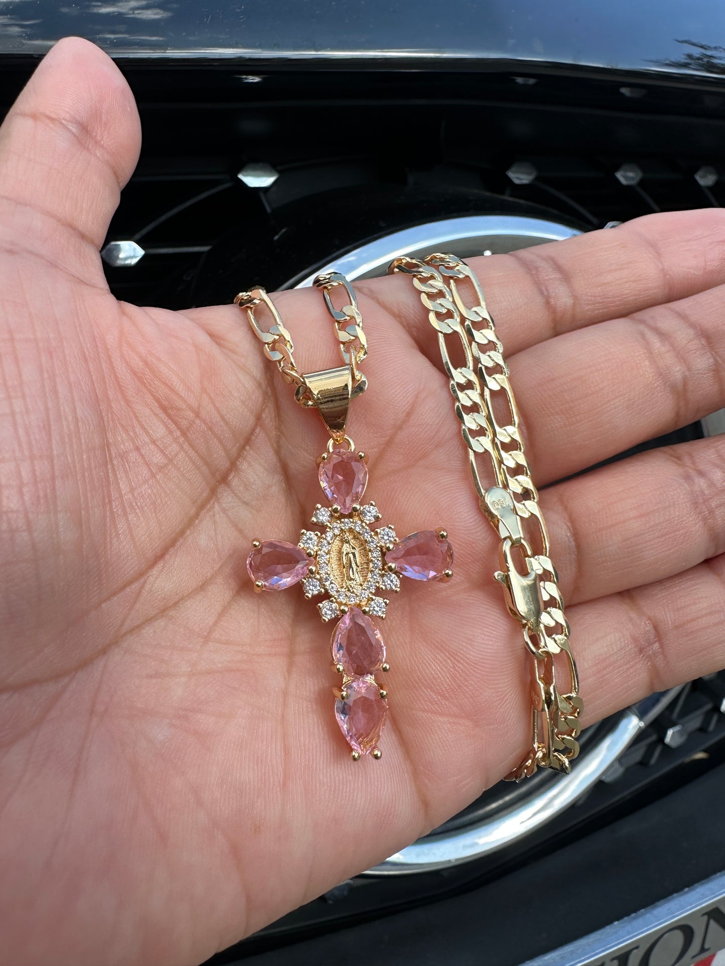 “Bright” Pink Cross & Virgin Necklace Gold Plated