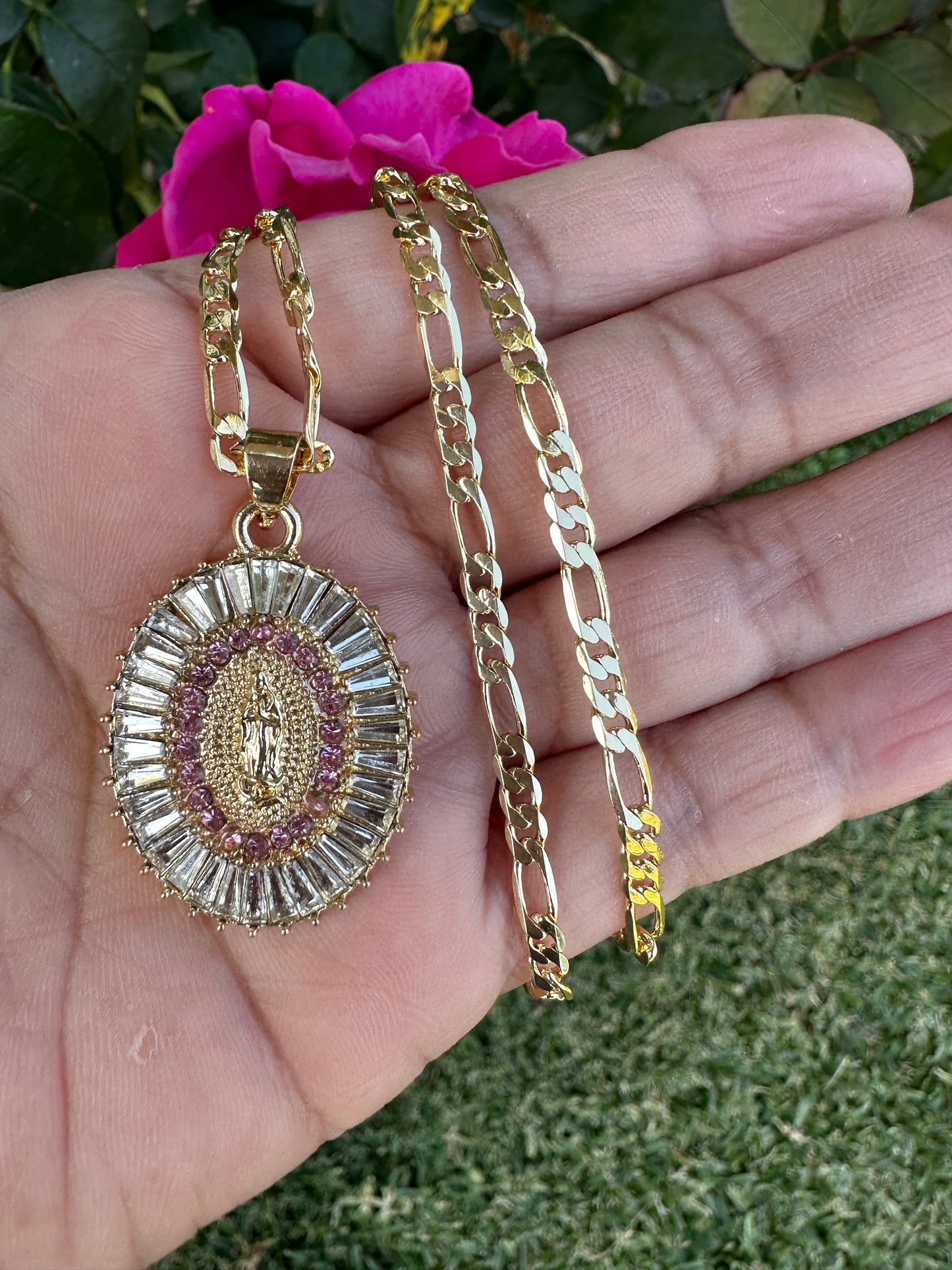 “Pink” Virgen Necklace (Virgin Mary) Gold Plated