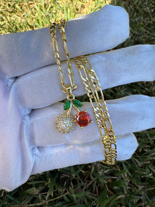 Cherry Necklace with Chain Light Orange Color - Gold-Tone Design Featuring Cherry Charms and Chain Accents
