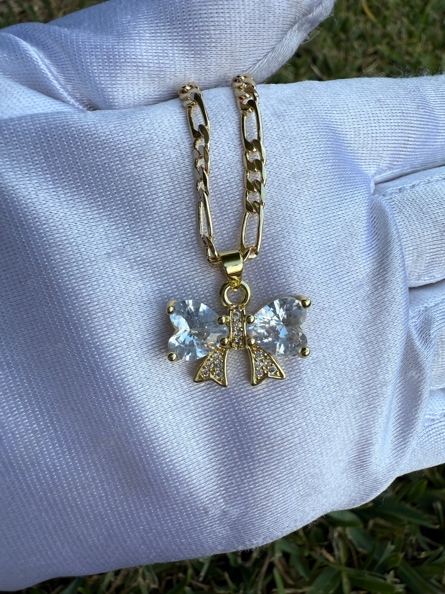Bow Necklace with Chain - Gold-Tone Design Featuring Bow Charms and Chain Details