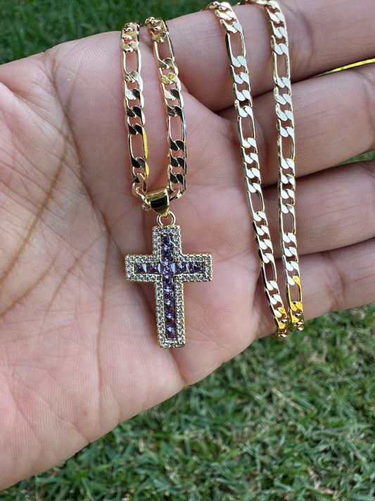 Crystal Purple -Cross Diamond Necklace Gold Plated