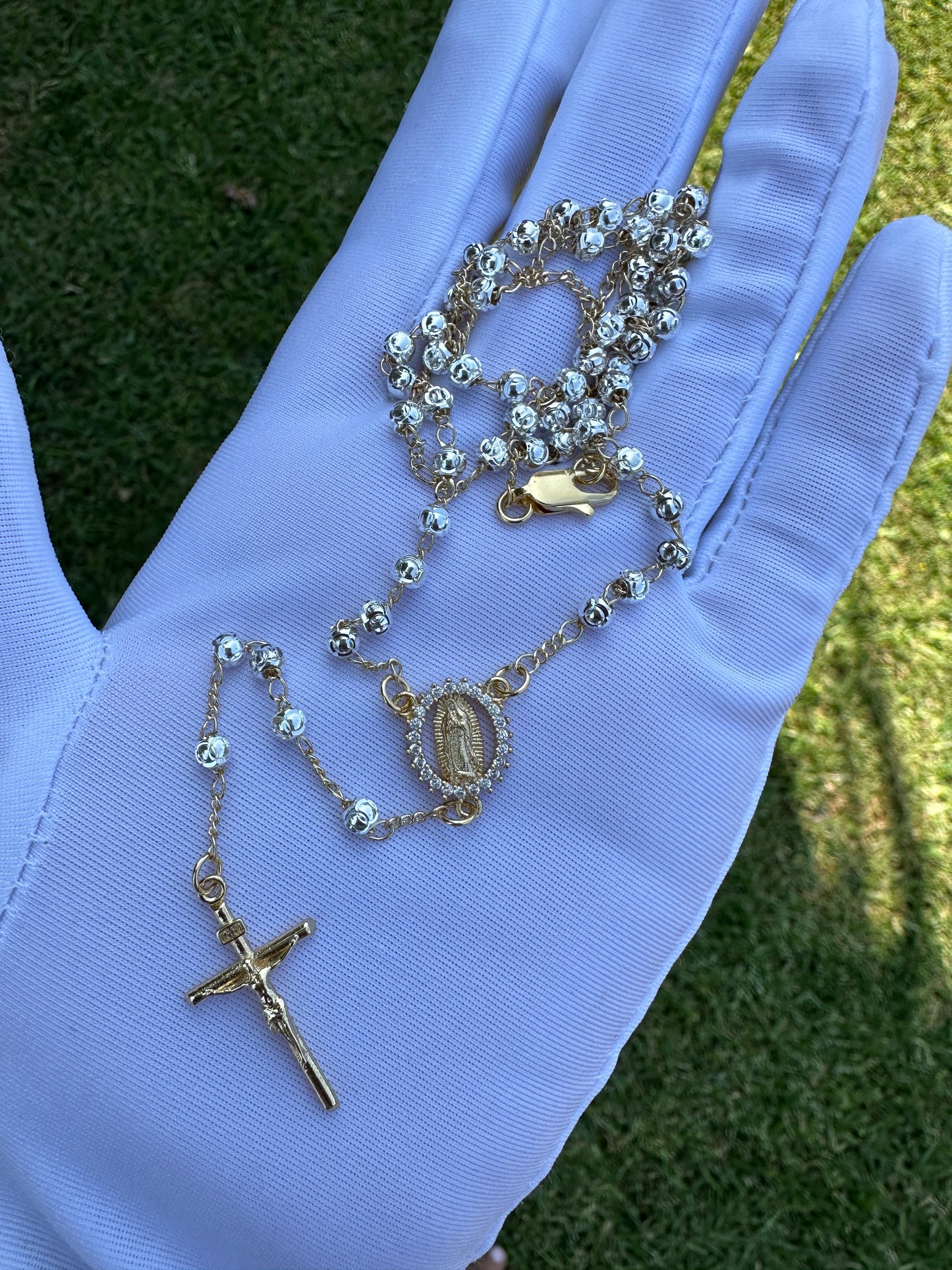 White Gold Dipped Rosary Necklace with Virgin and Cross .