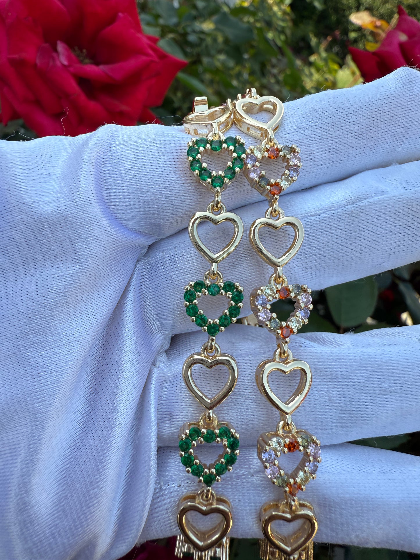 Elegant Color Heart Bracelets for Her - Green and Clear Heart Pendants with Gold Accents